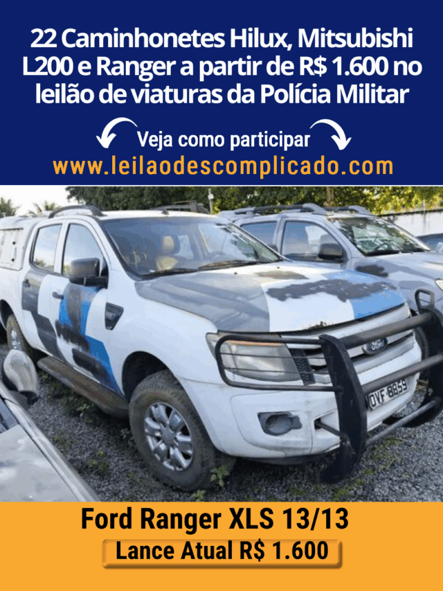 22 Caminhonetes Hilux, Mitsubishi L200 e Ranger a partir de R$ 1.600 no leilão de viaturas da Polícia Militar